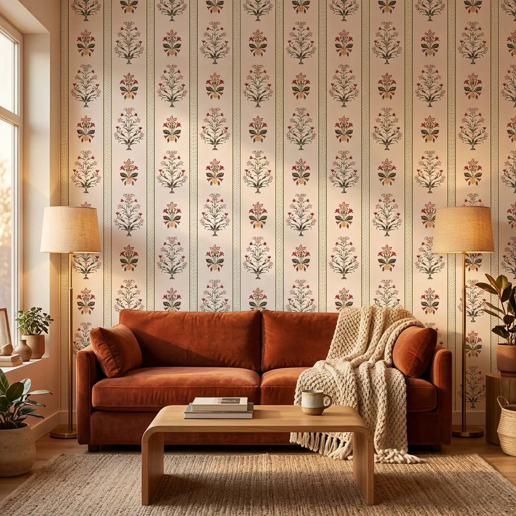 Mughal Garden ornate floral wallpaper adding character to a cozy bedroom