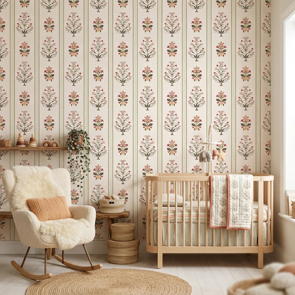 Mughal Garden ornate floral wallpaper as a feature wall in a bright home office