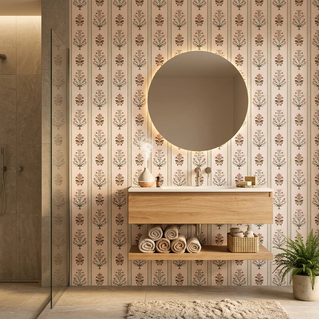 Mughal Garden ornate floral wallpaper creating ambiance in a serene bathroom