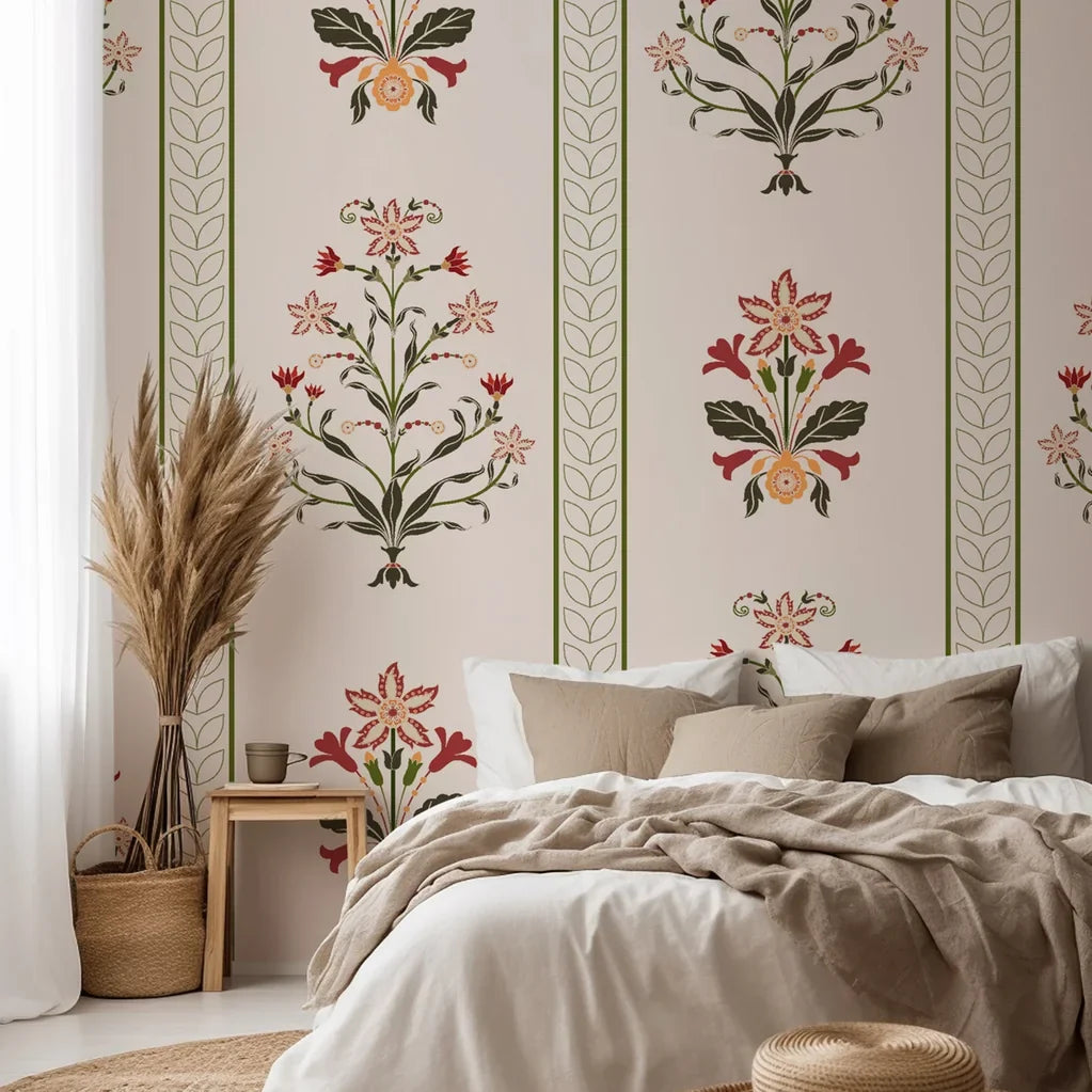 Red, deep olive green, and blush peach flowers create a symmetrical, vertically striped design against a warm cream wallpaper background
