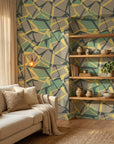 Muted Block earth toned geometric wallpaper in a warm and inviting living room