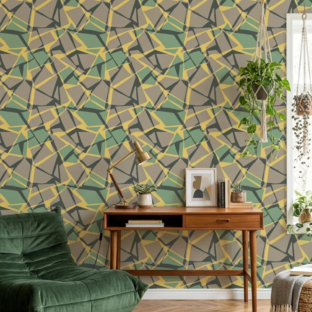 Muted Block earth toned geometric wallpaper as a feature wall in a bright home office