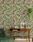 Muted Block earth toned geometric wallpaper as a feature wall in a bright home office