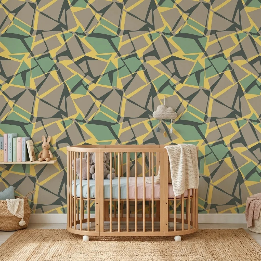 Muted Block earth toned geometric wallpaper creating ambiance in a serene bathroom