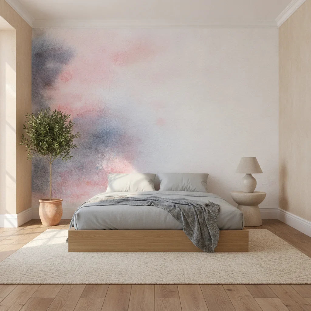 Muted Flow soft blush and grey watercolor in a warm and inviting living room