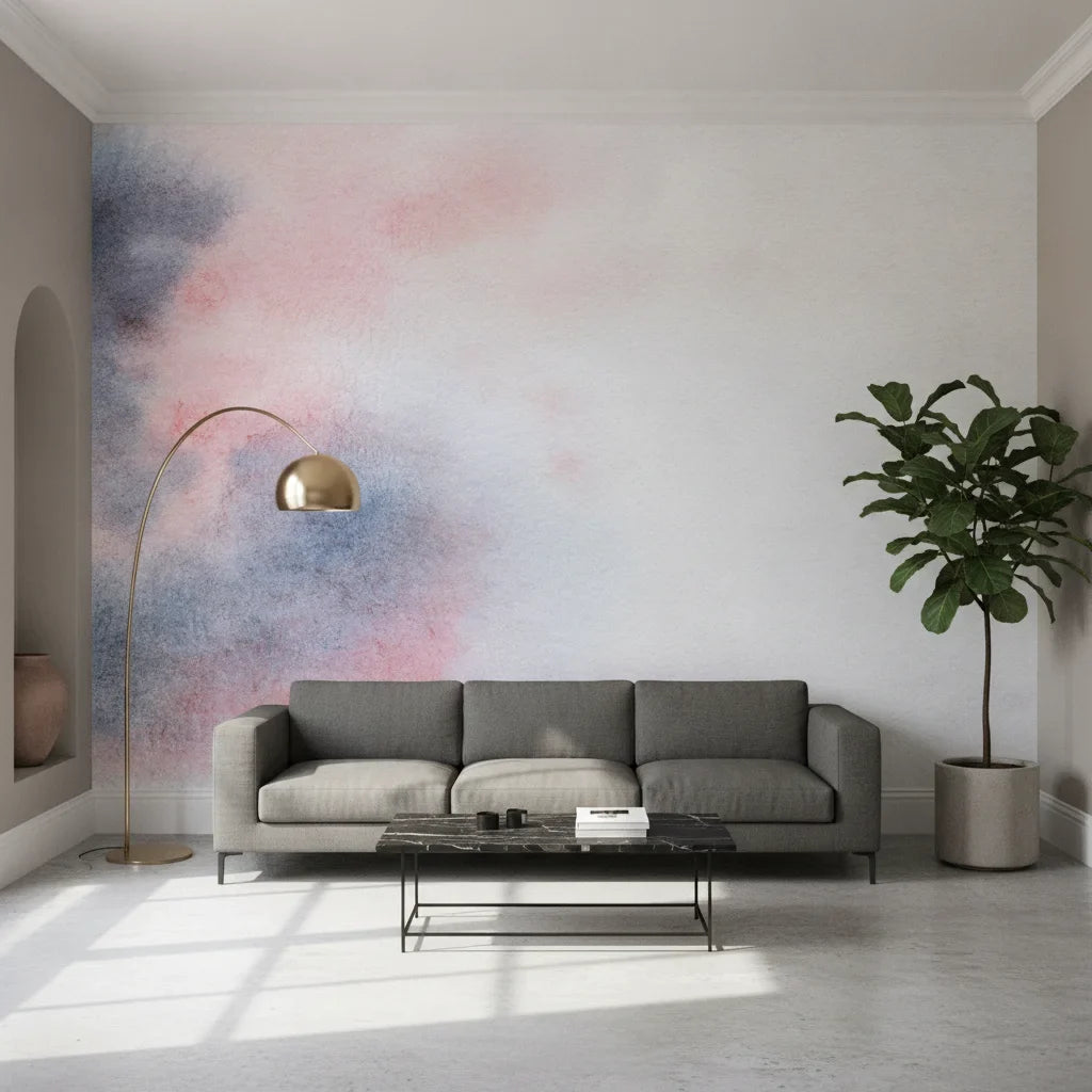 Muted Flow soft blush and grey watercolor adding character to a cozy bedroom