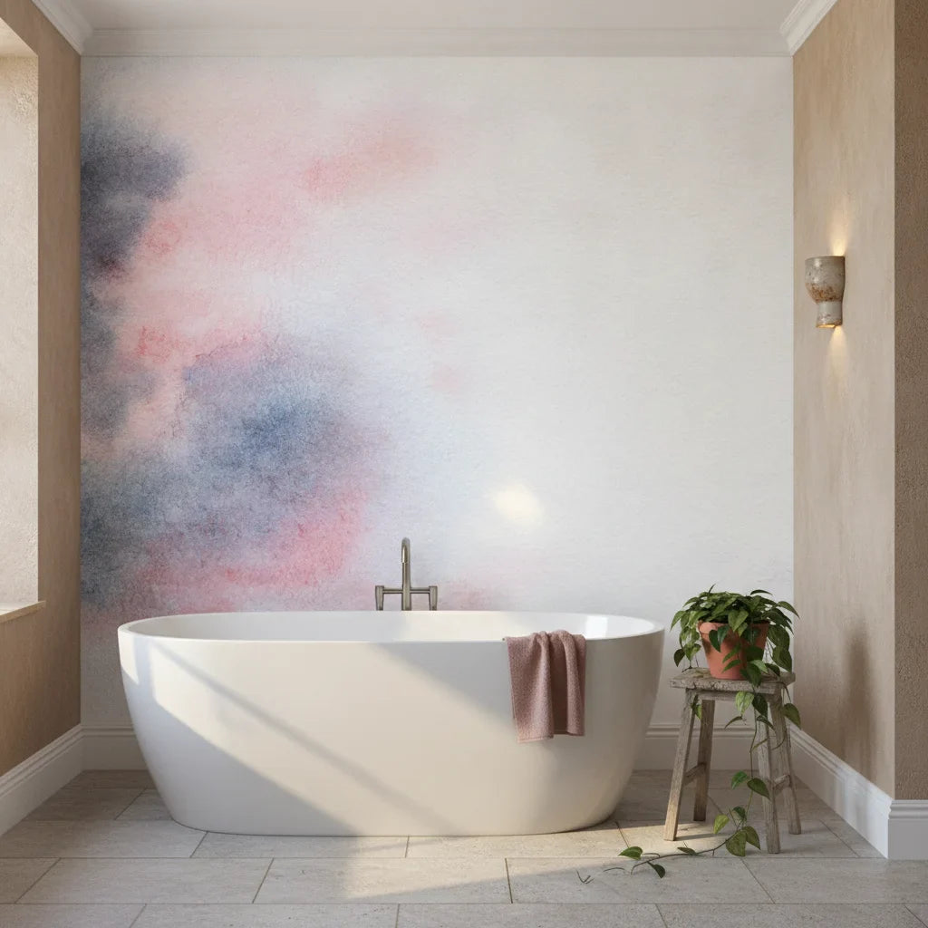 Muted Flow soft blush and grey watercolor as a feature wall in a bright home office