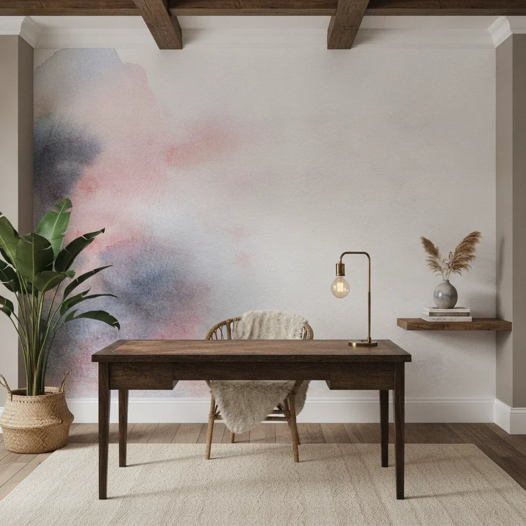 Muted Flow soft blush and grey watercolor creating ambiance in a serene bathroom