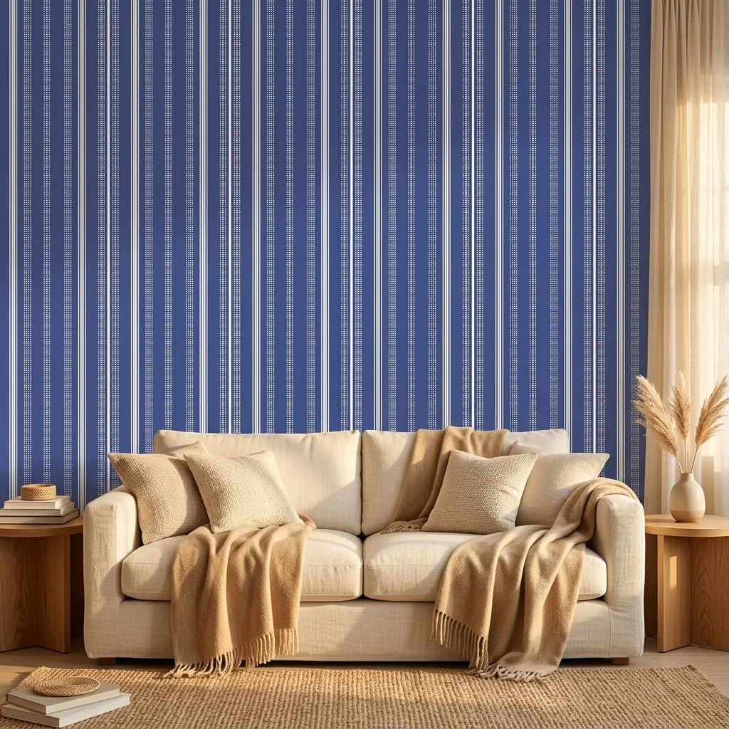 Nautical Code blue and white striped wallpaper in a warm and inviting living room