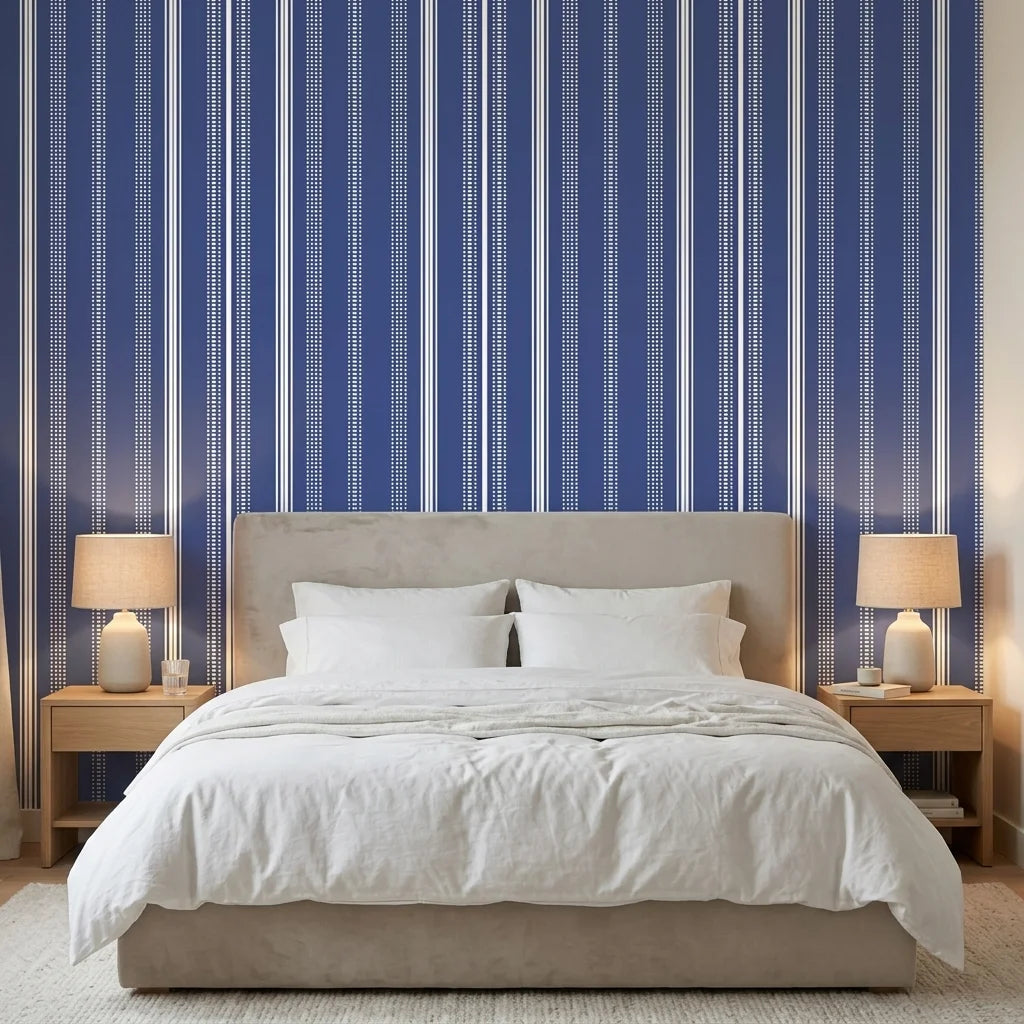 Nautical Code blue and white striped wallpaper adding character to a cozy bedroom