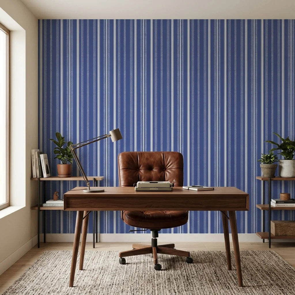 Nautical Code blue and white striped wallpaper as a feature wall in a bright home office