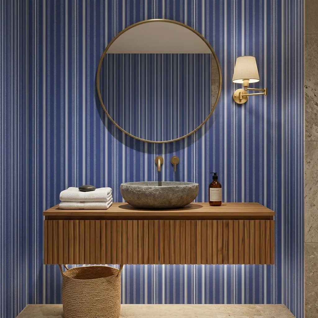 Nautical Code blue and white striped wallpaper creating ambiance in a serene bathroom