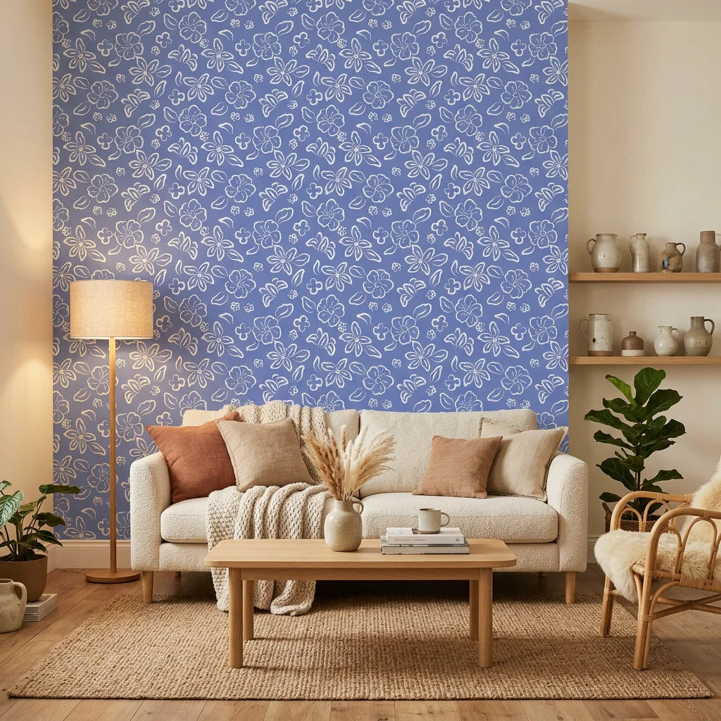 Navy Bloom blue floral botanical in a warm and inviting living room