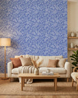 Navy Bloom blue floral botanical in a warm and inviting living room