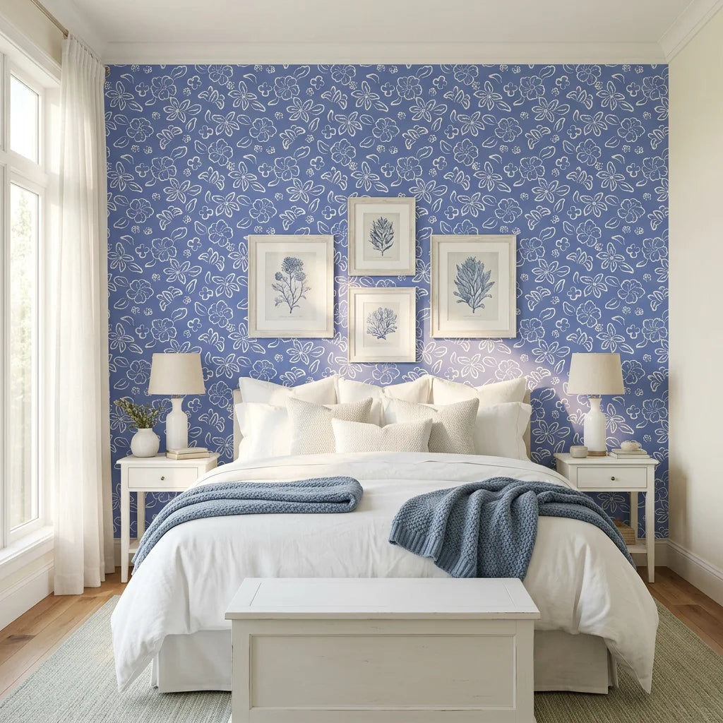 Navy Bloom blue floral botanical adding character to a cozy bedroom