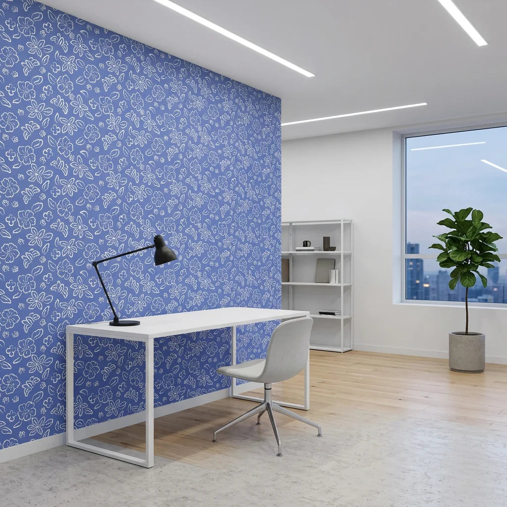 Navy Bloom blue floral botanical as a feature wall in a bright home office