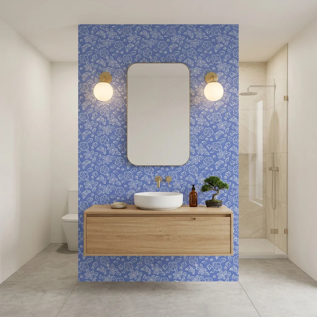 Navy Bloom blue floral botanical creating ambiance in a serene bathroom