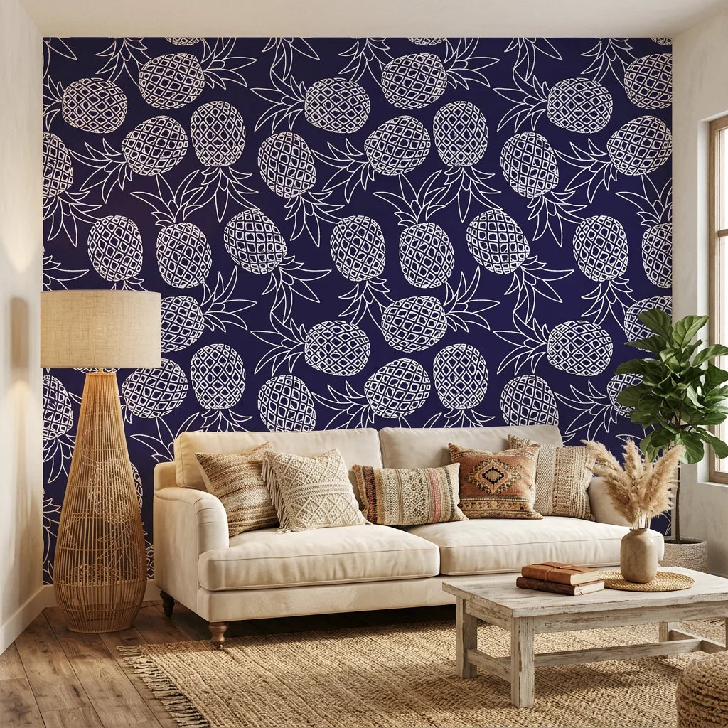 Navy Bounty bold navy pineapple in a warm and inviting living room