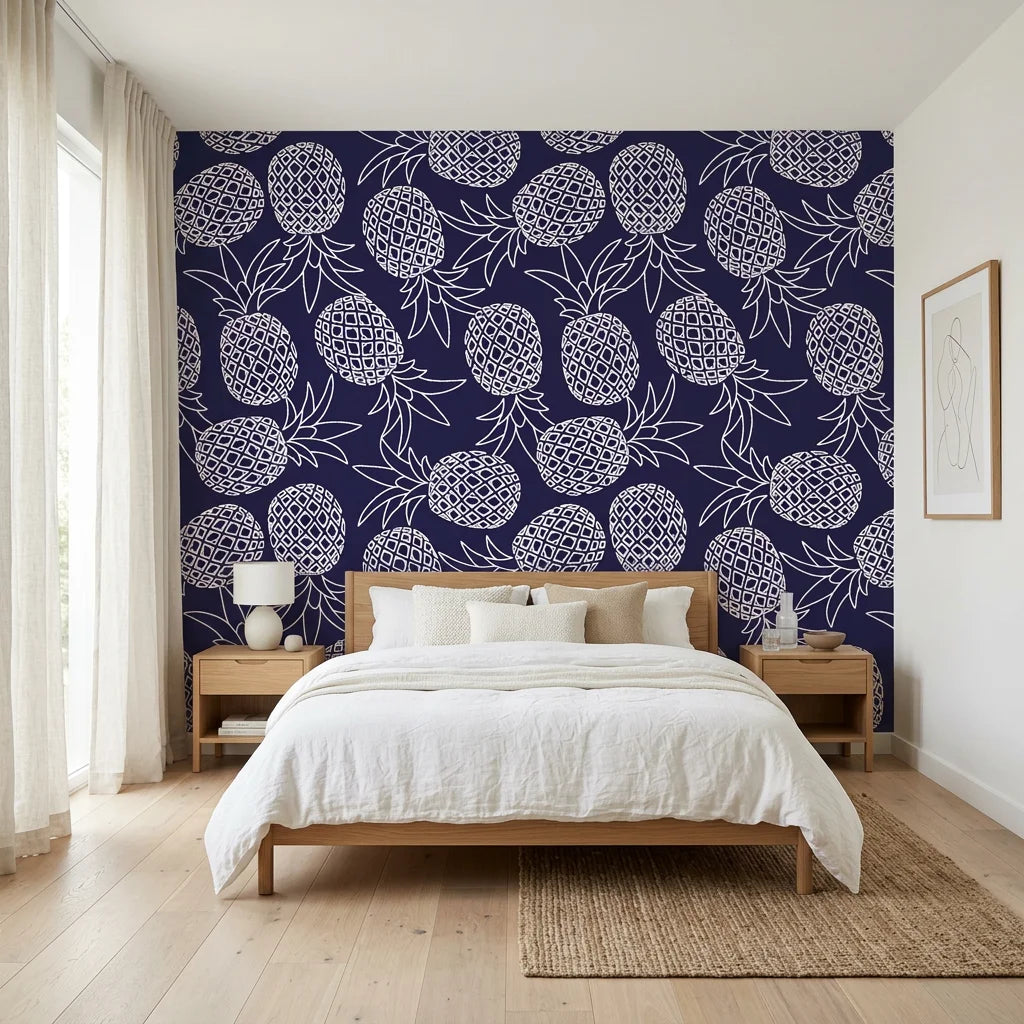 Navy Bounty bold navy pineapple adding character to a cozy bedroom
