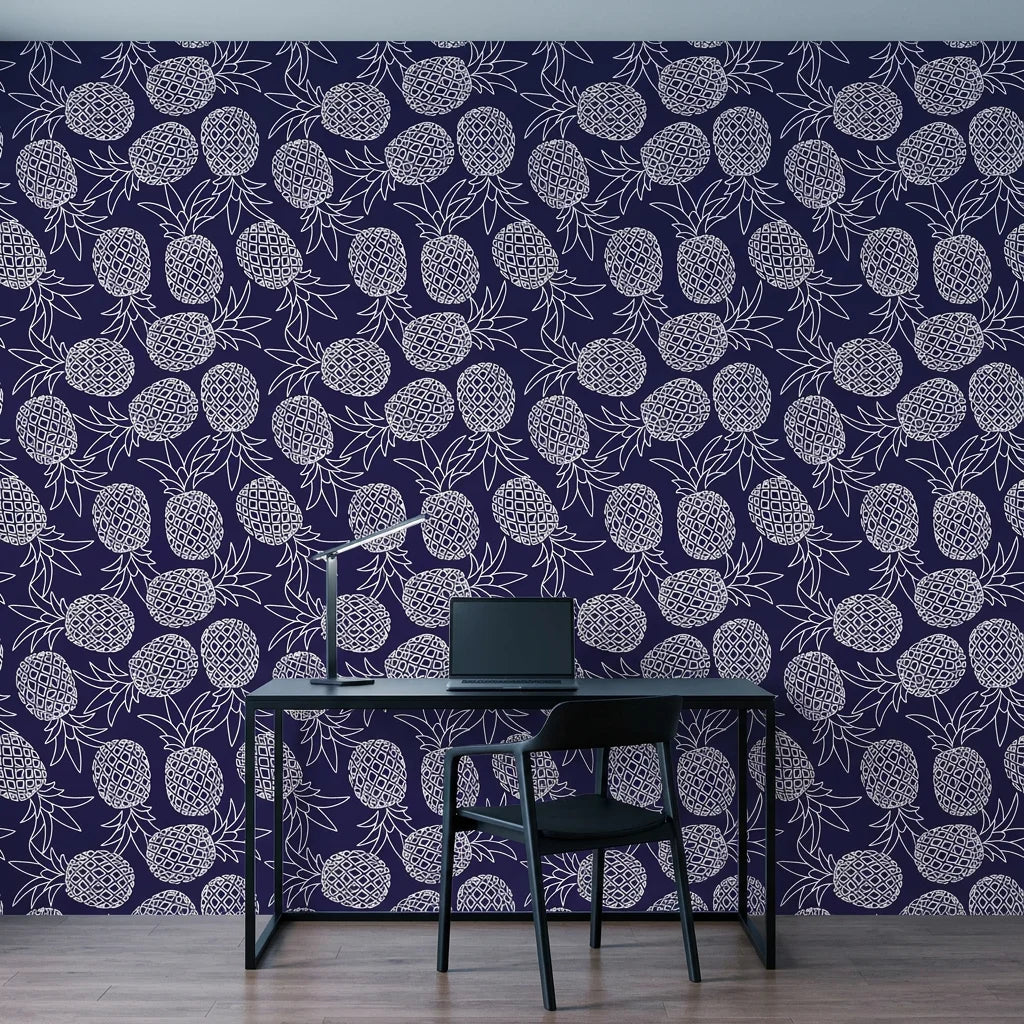 Navy Bounty bold navy pineapple as a feature wall in a bright home office