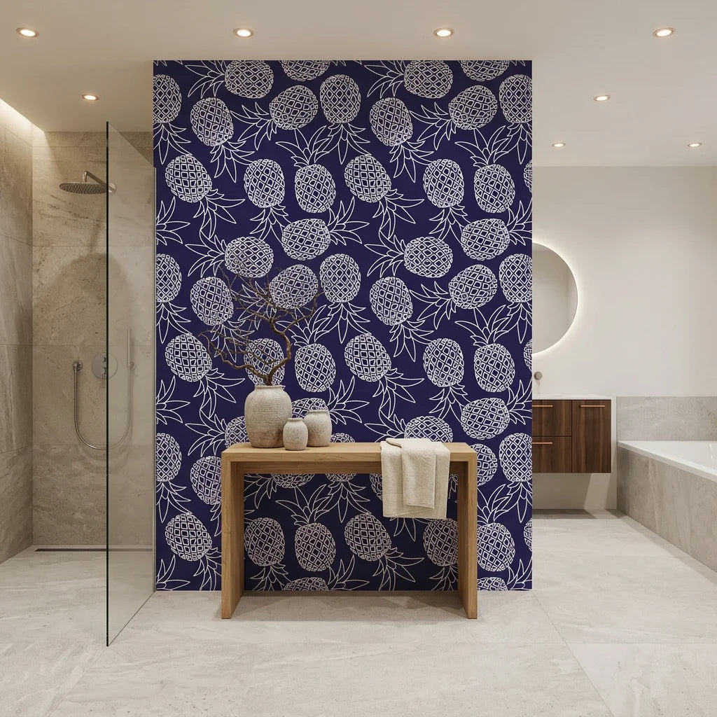 Navy Bounty bold navy pineapple creating ambiance in a serene bathroom