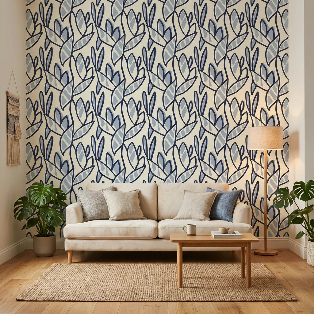 Navy Frond botanical blue leaf in a warm and inviting living room