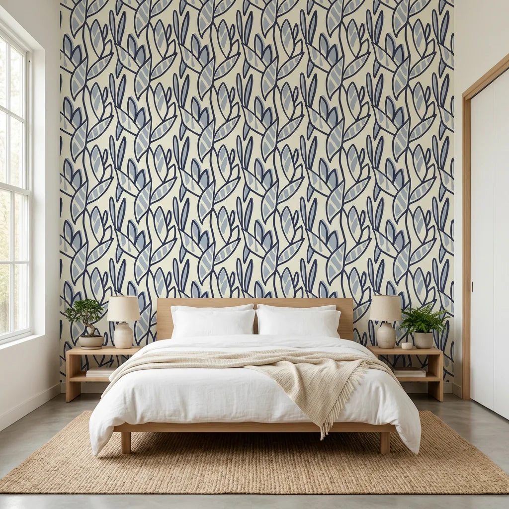 Navy Frond botanical blue leaf adding character to a cozy bedroom