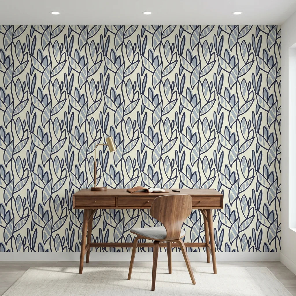 Navy Frond botanical blue leaf as a feature wall in a bright home office