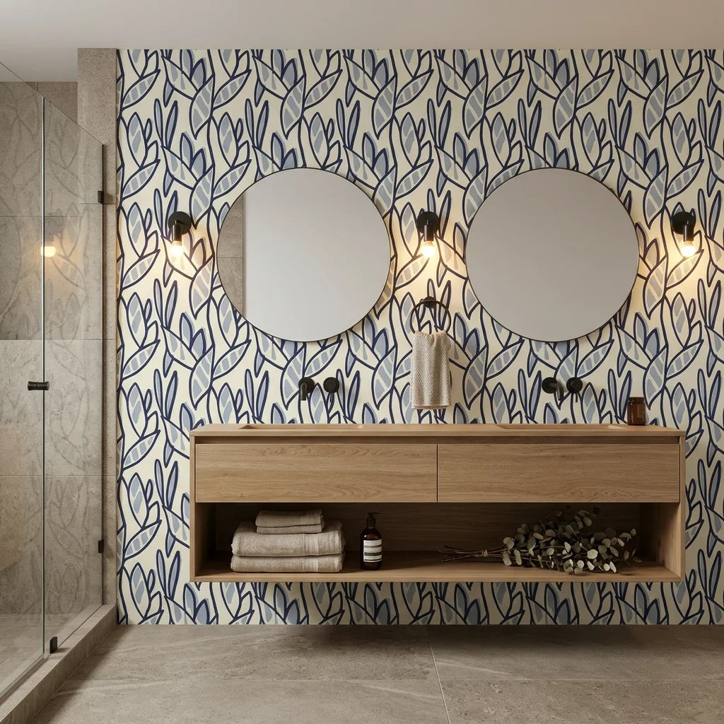 Navy Frond botanical blue leaf creating ambiance in a serene bathroom