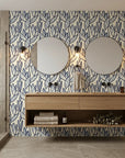 Navy Frond botanical blue leaf creating ambiance in a serene bathroom