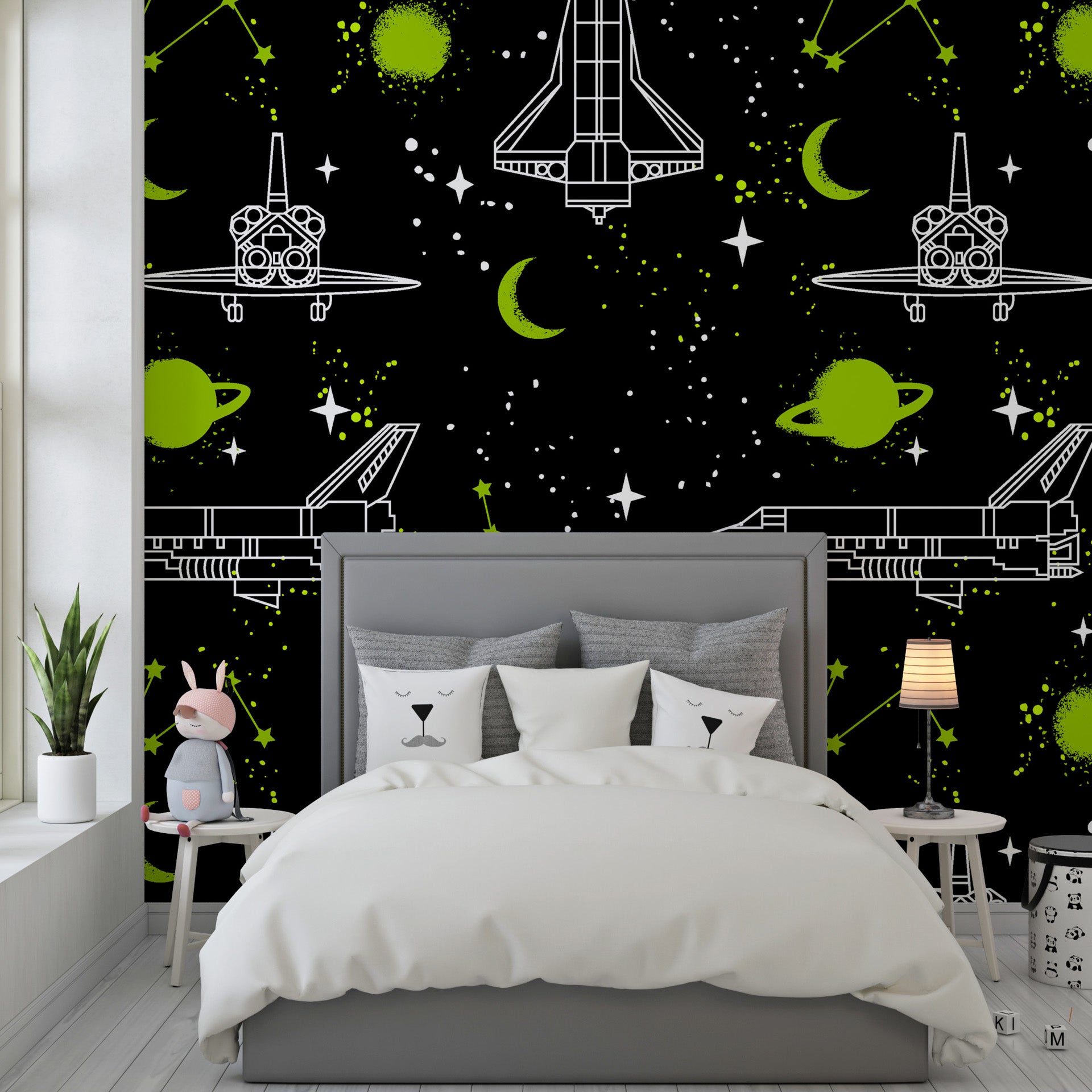 Vibrant neon space shuttle and celestial planet on a deep black peel and stick wall mural - Nebula Echoes