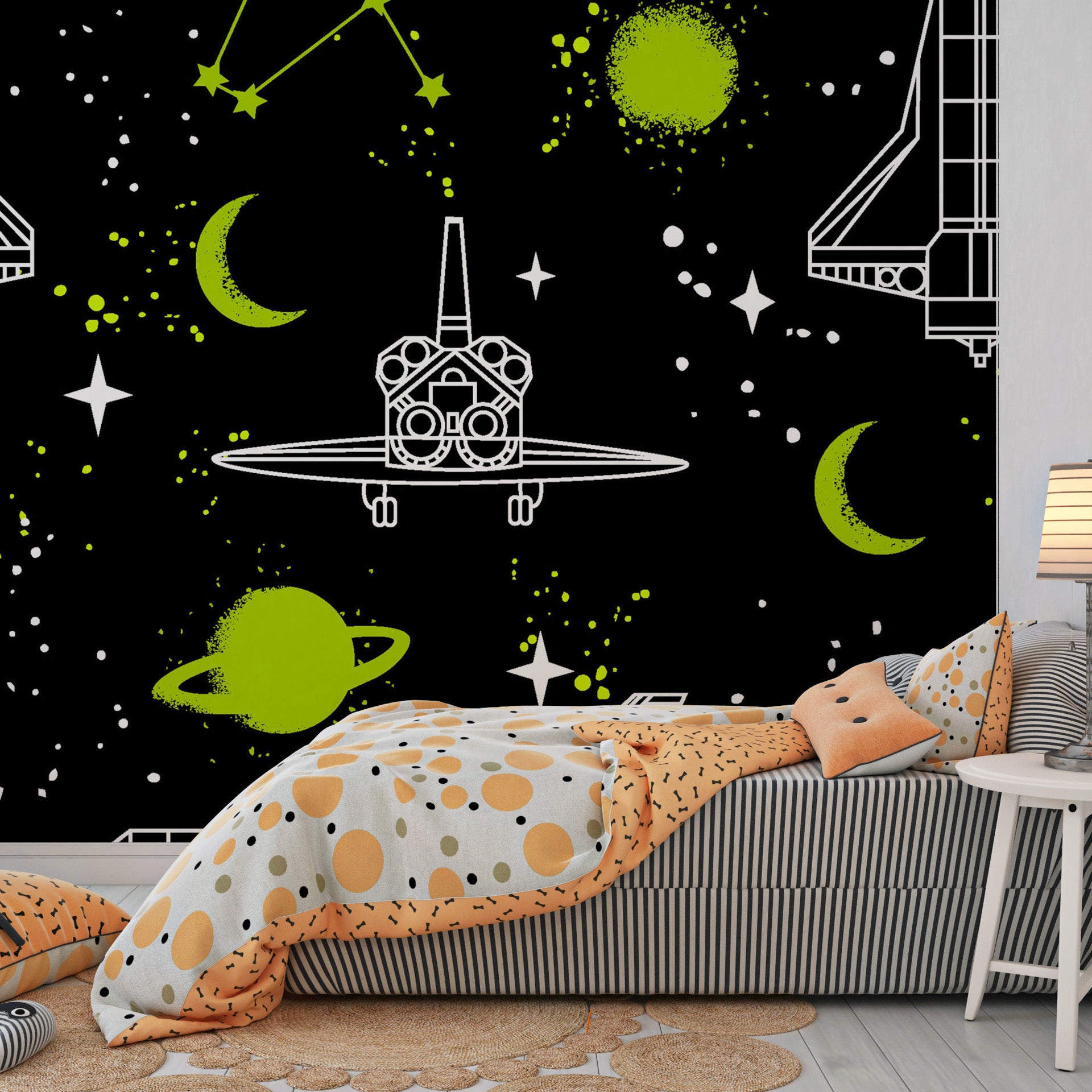 Dark self-adhesive wallpaper featuring a glowing neon spacecraft and cosmic orb - Nebula Echoes