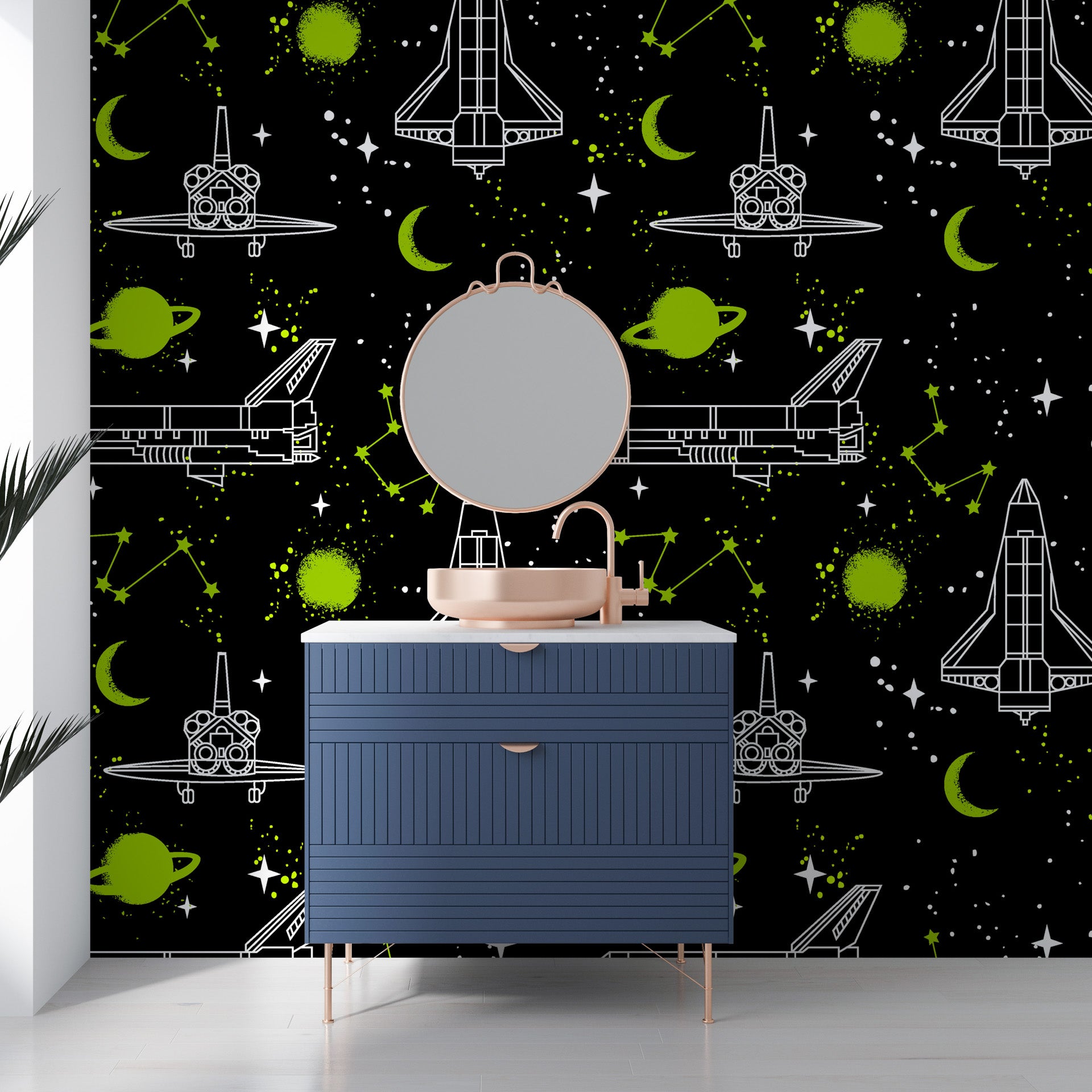 Luminous neon-style rocket ship and planetary graphics against a midnight black background - Nebula Echoes