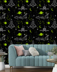 Removable wall covering with radiant neon space shuttle and celestial body illustrations - Nebula Echoes