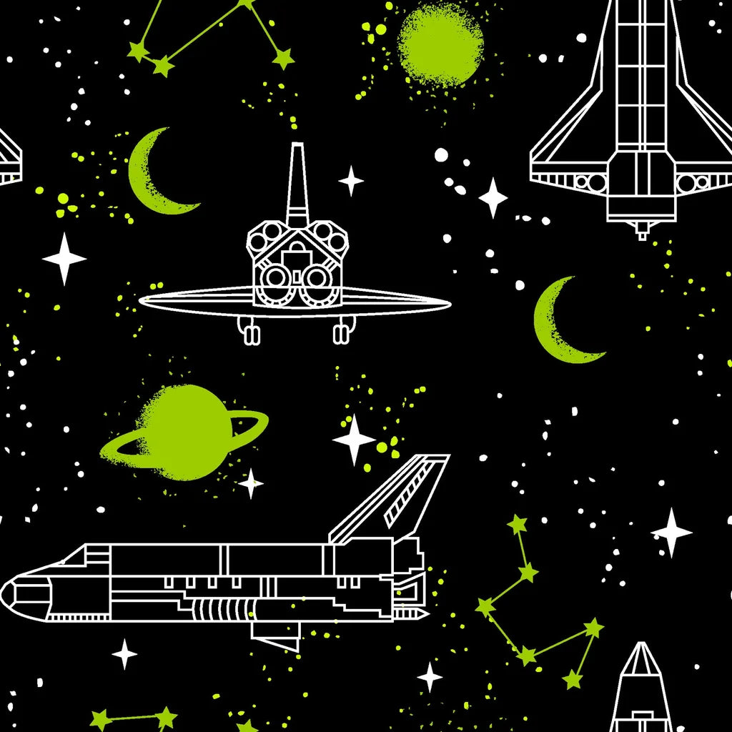 Black neon space shuttle and planet peel and stick wallpaper - Nebula Echoes