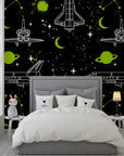 Vibrant neon space shuttle and celestial planet on a deep black peel and stick wall mural - Nebula Echoes