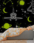 Dark self-adhesive wallpaper featuring a glowing neon spacecraft and cosmic orb - Nebula Echoes