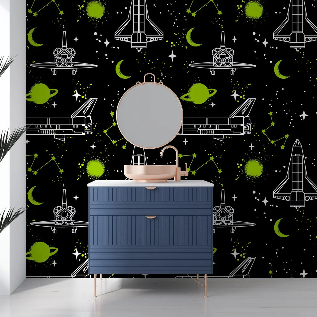 Luminous neon-style rocket ship and planetary graphics against a midnight black background - Nebula Echoes