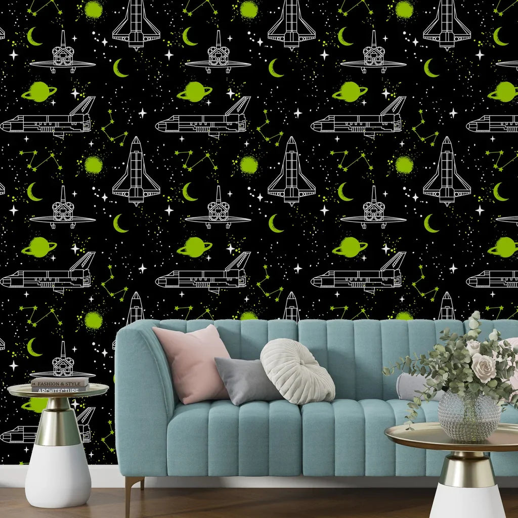 Removable wall covering with radiant neon space shuttle and celestial body illustrations - Nebula Echoes