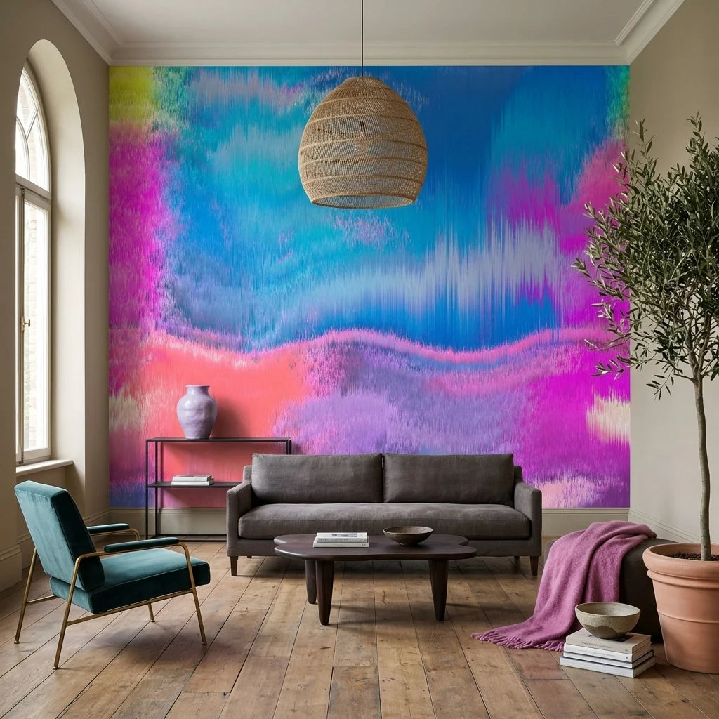 Smooth vibrant blue pink abstract wave peel and stick wallpaper - Neon Tide