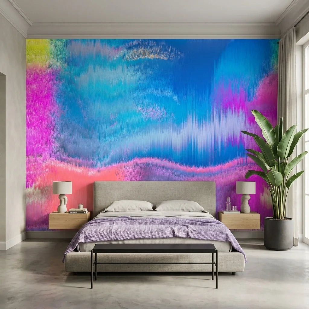Neon Tide vibrant blue and pink abstract wallpaper in a warm and inviting living room