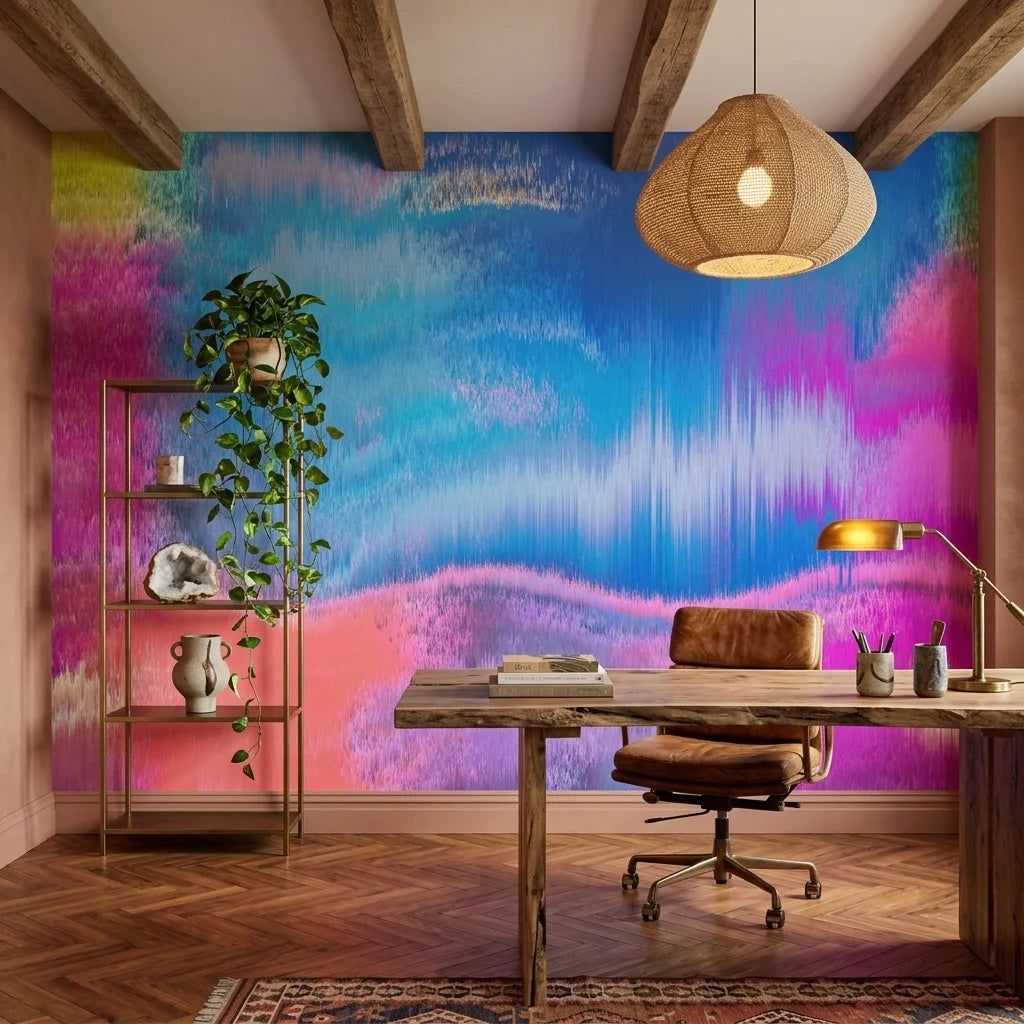 Neon Tide vibrant blue and pink abstract wallpaper adding character to a cozy bedroom