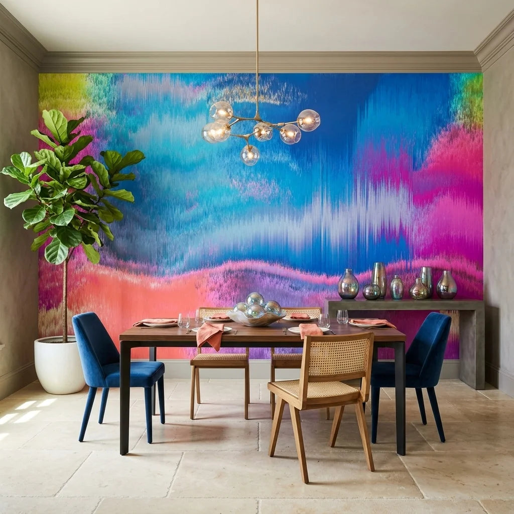 Neon Tide vibrant blue and pink abstract wallpaper as a feature wall in a bright home office