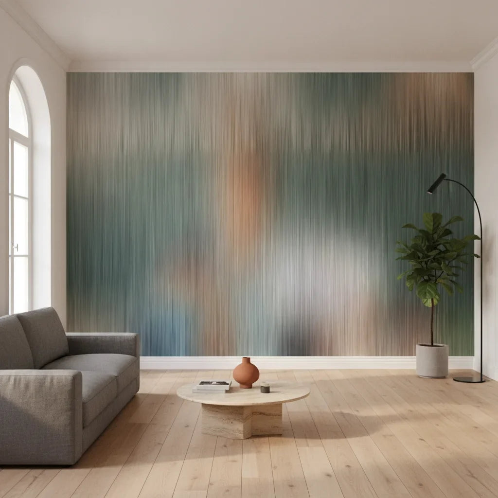 Neutral Cloud muted sage and grey abstract in a warm and inviting living room