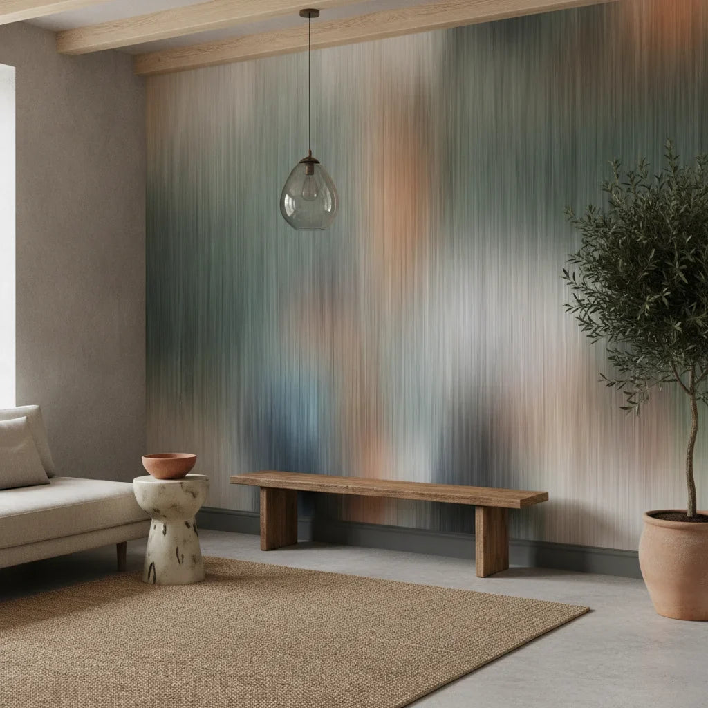 Neutral Cloud muted sage and grey abstract adding character to a cozy bedroom