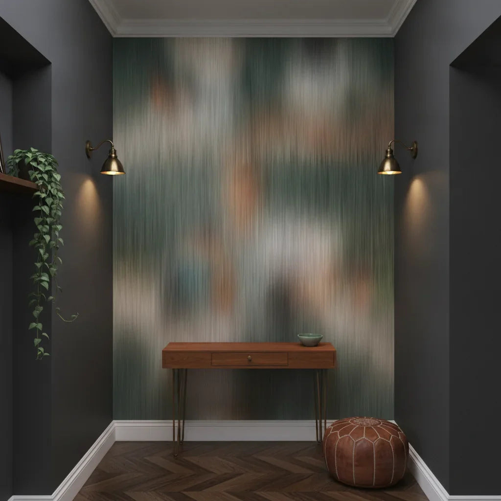 Neutral Cloud muted sage and grey abstract as a feature wall in a bright home office