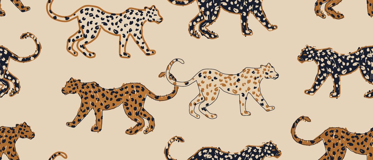 Hand-drawn wallpaper showing spotted leopards in black, tan, and caramel against a neutral, light beige surface