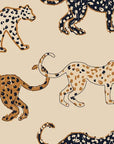 Hand-drawn wallpaper showing spotted leopards in black, tan, and caramel against a neutral, light beige surface