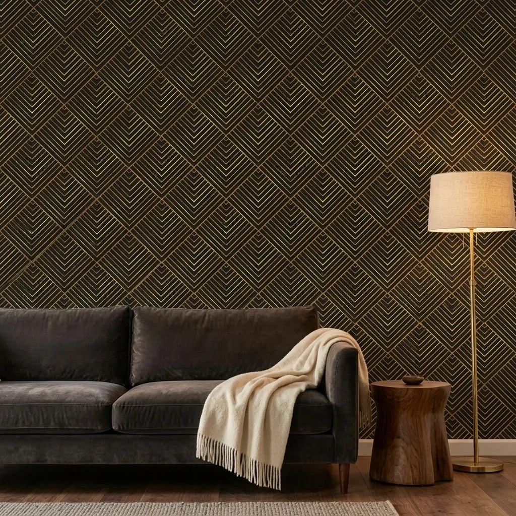 Noir Facets bold black and gold chevron geometric wallpaper creating ambiance in a serene bathroom