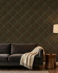 Noir Facets bold black and gold chevron geometric wallpaper creating ambiance in a serene bathroom